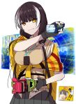  1girl black_hair black_skirt breasts commentary_request crossover fingerless_gloves girls_frontline gloves hanaya_taiga holding houjou_emu kamen_rider kamen_rider_ex-aid kamen_rider_ex-aid_(series) long_hair looking_at_viewer super_mario_bros. medium_breasts multicolored_hair new_super_mario_bros._u_deluxe rider_gashat ro635_(girls_frontline) skirt smile super_crown upper_body white_hair xiujia_yihuizi yellow_eyes 