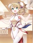  1girl adapted_costume alternate_costume alternate_hairstyle animal armpits baozi bird braid breasts china_dress chinese_clothes cielo_oceano cowboy_shot crown_braid cute double_bun dress feh_(fire_emblem_heroes) female_focus fire_emblem fire_emblem_heroes food green_eyes human indoors intelligent_systems looking_at_viewer medium_breasts moe nintendo open_mouth owl pelvic_curtain sharena side_slit sleeping smile solo sparkle steam super_smash_bros. thigh-highs thighs white_legwear 