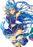  .sin 1girl aqua_(konosuba) bare_shoulders blue_eyes blue_footwear blue_hair blue_shirt blue_skirt blush breasts commentary_request detached_sleeves hair_between_eyes hair_ornament hair_rings highres kono_subarashii_sekai_ni_shukufuku_wo! large_breasts long_hair looking_at_viewer magic open_mouth shirt simple_background skirt smile solo thigh-highs upper_teeth very_long_hair water white_background white_legwear white_sleeves 