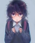  1girl asasow backpack bag bangs blue_background cardigan eyebrows_visible_through_hair glasses jimiko looking_at_viewer messy_hair open_mouth original purple_hair school_uniform shirt simple_background solo violet_eyes 