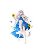  barefoot blue_eyes bracelet breasts bug butterfly damaged dress flower insect jewelry large_breasts lexington_(warship_girls_r) long_hair sandals_removed suisai sunflower toes warship_girls_r 