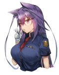  1girl animal_ear_fluff animal_ears badge bangs blue_shirt breasts commentary_request cropped_torso eyebrows_visible_through_hair hair_between_eyes hand_up kasuka_(kusuki) large_breasts long_hair necktie open_mouth original purple_hair red_neckwear shirt simple_background solo upper_body violet_eyes white_background white_shirt wolf_ears 