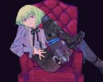  belt black_gloves boots chair closed_eyes dress_shirt gloves green_hair half_gloves high_heel_boots high_heels highres lio_fotia looking_at_viewer male_focus multiple_belts promare ribbon shirt sitting solo studded_belt violet_eyes yagita_(astronomie) 