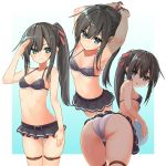  1girl adapted_costume alternate_hairstyle asashio_(kantai_collection) ass ball belt bikini bikini_skirt black_hair blue_eyes commentary_request cowboy_shot flat_chest from_behind gradient gradient_background grey_bikini hair_ribbon highres kantai_collection kuronaga long_hair looking_at_viewer looking_back mismatched_bikini multiple_views ponytail red_ribbon ribbon salute swimsuit 