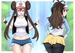  2girls angry ass baseball_cap blue_eyes blush breasts brown_hair closed_eyes cosplay costume_switch double_bun grass hair_bun hat highres huge_ass large_breasts looking_at_viewer looking_back low_twintails mei_(pokemon) multiple_girls navel open_mouth pantyhose pokemon pokemon_(game) pokemon_bw pokemon_bw2 ponytail short_shorts shorts sweatdrop tank_top the_only_shoe touko_(pokemon) twintails vest visor_cap wristband 