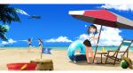  3girls a6m_zero aircraft airplane anchor_symbol annin_musou barefoot beach beach_umbrella black_hair blue_sky blue_swimsuit blurry brown_eyes brown_hair brown_skirt bucket chair clouds commentary_request cooler day deck_chair depth_of_field drink flag flip-flops food fruit hair_ornament hairclip hat hat_removed headgear headwear_removed highres horizon hurricane_glass i-400_(kantai_collection) i-401_(kantai_collection) innertube island kantai_collection long_hair mini_flag miniskirt multiple_girls ocean open_mouth orange_sailor_collar outdoors palm_tree pleated_skirt ponytail running ryuujou_(kantai_collection) sailor_collar sand_castle sand_sculpture sandals scenery school_swimsuit shikigami shirt short_hair short_ponytail skirt sky sleeveless sleeveless_shirt straw_hat sun_hat suspenders swimsuit tan tree twintails umbrella watermelon waving white_shirt wide_shot 