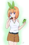  1girl absurdres bangs bare_arms bare_shoulders belt_buckle blush breasts brown_hair brown_shorts buckle cellphone closed_mouth collarbone commentary_request diagonal_stripes eyebrows_visible_through_hair food four-leaf_clover_necklace go-toubun_no_hanayome green_ribbon hair_between_eyes hair_ribbon highres holding holding_cellphone holding_food holding_phone kujou_karasuma medium_breasts nakano_yotsuba phone popsicle ribbon short_shorts shorts solo striped striped_belt tank_top violet_eyes white_tank_top 
