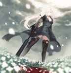  1girl assault_rifle aug_(girls_frontline) black_dress black_legwear blood bullpup clouds cloudy_sky commentary_request dress dutch_angle field flower flower_field girls_frontline gun hair_flower hair_ornament hair_over_one_eye hayabusa highres holding holding_gun holding_weapon long_hair looking_at_viewer panties pantyshot rifle sky solo standing steyr_aug suppressor thigh-highs underwear weapon white_hair yellow_eyes 