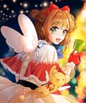  1girl :d blue_ribbon blurry blurry_background bow brown_hair capelet cardcaptor_sakura dress fur-trimmed_capelet fur-trimmed_gloves fur_trim gloves green_eyes hair_bow hair_intakes highres kero kinomoto_sakura lens_flare looking_at_viewer megaheng night open_mouth pleated_dress red_bow red_gloves ribbon shiny shiny_hair short_hair smile solo standing white_dress white_wings wings 