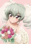  1girl anchovy artist_name bangs blush bouquet closed_mouth commentary dress drill_hair elbow_rest eyebrows_visible_through_hair flower frilled_dress frills girls_und_panzer gloves green_hair hair_ribbon holding holding_bouquet kanau layered_dress long_hair looking_at_viewer pink_background red_eyes ribbon rose signature smile solo sparkle strapless strapless_dress twin_drills twintails wedding_dress white_dress white_gloves white_ribbon 