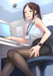  1girl black_legwear breasts brown_hair chair cubicle desk grey_eyes kyuuso_inukami long_hair monitor name_tag office_lady open_mouth original pantyhose pencil_skirt ponytail skirt sleeveless solo teeth torn_clothes torn_legwear 