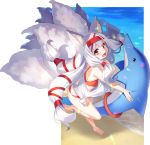  1girl :d animal_ear_fluff animal_ears bangs bare_arms bare_legs bare_shoulders barefoot beach bikini blush commentary_request eyebrows_visible_through_hair fox_ears fox_girl fox_tail full_body hair_ribbon holding kyuubi long_hair looking_at_viewer multiple_tails open_mouth original red_bikini red_eyes red_ribbon ribbon sandals silver_hair smile soles solo standing standing_on_one_leg swimsuit tail very_long_hair water yuuji_(yukimimi) 