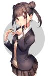  1girl :t absurdres bangs black_jacket blazer blush brown_hair brown_skirt chocolate_bar closed_mouth collared_shirt commentary double_bun eating eyebrows_visible_through_hair food food_on_face grey_background highres holding holding_food idolmaster idolmaster_shiny_colors jacket long_sleeves open_blazer open_clothes open_jacket plaid plaid_skirt pleated_skirt ranf red_eyes shirt sidelocks skirt solo sonoda_chiyoko sweater_vest symbol_commentary twintails two-tone_background white_background white_shirt 