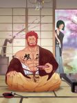  2boys abs bara beard blush chest closed_eyes crossed_legs cup facial_hair fate/grand_order fate_(series) green_eyes highres icelernd japanese_clothes kimono long_hair long_sleeves male_focus multiple_boys muscle new_year pectorals redhead rider_(fate/zero) sakazuki smile solo_focus teeth waver_velvet 