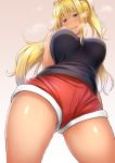 1girl arms_behind_back beige_background black_shirt blonde_hair blush breasts commentary_request danberu_nan_kiro_moteru? dark_skin eyebrows_visible_through_hair from_below gradient gradient_background green_eyes heavy_breathing highres large_breasts long_hair open_mouth otonari red_shorts sakura_hibiki_(danberu_nan_kiro_moteru?) shirt shorts sleeveless sleeveless_shirt solo standing sweat twintails wavy_mouth 