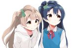  2girls alternate_hairstyle bangs blue_hair blue_vest blush bow commentary_request eyebrows_visible_through_hair grey_hair hair_between_eyes hair_bow hood long_hair long_sleeves looking_at_another love_live! love_live!_school_idol_project minami_kotori multiple_girls one_side_up simple_background smile sonoda_umi totoki86 vest white_background yellow_eyes 