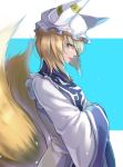  1girl bangs blonde_hair blue_background breasts brooch commentary dress eyeshadow fox_tail from_side hat jewelry lipstick long_sleeves makeup medium_breasts multiple_tails ofuda petals pillow_hat profile re_(re_09) red_lipstick short_hair solo tabard tail touhou two-tone_background upper_body white_background white_dress white_headwear wide_sleeves yakumo_ran yellow_eyes 