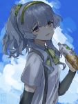  1girl blue_sky bottle bow bowtie clouds eyebrows_visible_through_hair gradient_sky green_hairband grey_eyes hair_between_eyes hair_flaps hair_ornament hairband kantai_collection long_hair looking_at_viewer open_mouth ponytail shirt sidelocks silver_hair sky solo suspenders wavy_hair white_shirt yamagumo_(kantai_collection) yamashiki_(orca_buteo) 