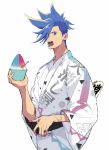  blue_eyes blue_hair food galo_thymos highres japanese_clothes looking_at_viewer male_focus pro_ur_sumi promare shaved_ice solo tongue tongue_out white_background 