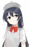  1girl bangs beret blue_hair bow bowtie closed_mouth commentary_request grey_vest hair_between_eyes hat long_hair looking_at_viewer love_live! love_live!_school_idol_project red_neckwear short_sleeves simple_background smile solo sonoda_umi standing totoki86 upper_body vest white_background yellow_eyes 