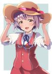  1girl :3 blue_background bow bowtie brown_eyes cowboy_shot hat hat_bow idolmaster idolmaster_cinderella_girls koshimizu_sachiko lavender_hair looking_at_viewer mitche open_mouth red_skirt short_hair short_sleeves simple_background skirt solo sun_hat vest 