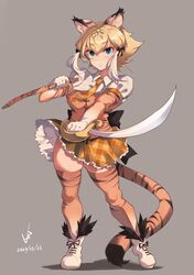  1girl absurdres animal_ears animal_print blonde_hair blue_eyes boots breasts closed_mouth cutlass_(sword) dated elbow_gloves expressionless eyebrows_visible_through_hair full_body gloves highres holding holding_sword holding_weapon iparuputsua kemono_friends looking_at_viewer medium_breasts necktie orange_necktie short_hair short_sleeves signature smilodon_(kemono_friends) solo sword tail thigh-highs tiger_ears tiger_print tiger_tail weapon white_footwear white_hair 