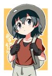  1girl backpack bag black_eyes black_gloves black_hair character_name collarbone cowboy_shot eyebrows_visible_through_hair gloves hat head_tilt highres holding_strap kaban_(kemono_friends) kemono_friends looking_up outline red_shirt shirt short_hair short_sleeves shorts simple_background solo sumiiisu2324 translated white_outline white_shorts yellow_background 