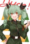  1girl :d anchovy commentary_request fang girls_und_panzer green_hair hair_ribbon hand_on_hip highres kippu long_hair long_sleeves military military_uniform open_mouth red_eyes ribbon smile solo twintails uniform upper_body white_background 