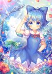  1girl blue_bow blue_dress blue_eyes blue_hair blue_sky blush bow cirno closed_mouth clouds day dress eyebrows_visible_through_hair flower hair_bow hand_on_hip ice ice_wings looking_at_viewer palm_tree petals pjrmhm_coa puffy_short_sleeves puffy_sleeves short_hair short_sleeves sky smile solo standing touhou tree water wings 