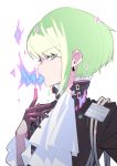  biker_clothes black_gloves black_jacket cravat earrings face ff_rchu fire gloves green_hair half_gloves highres jacket jewelry lio_fotia male_focus open_mouth profile promare violet_eyes 