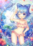  1girl ;d bikini blue_bow blue_hair blue_sky bow cirno clouds collarbone commentary_request day eyebrows_visible_through_hair flower hair_bow hand_on_hip ice ice_wings navel one_eye_closed open_mouth palm_tree petals pjrmhm_coa short_hair sky smile solo standing sunlight swimsuit touhou tree water wings 