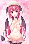  1girl :d bangs black_legwear black_wings cowboy_shot demon_tail demon_wings eyebrows_visible_through_hair head_wings highres koakuma long_hair long_sleeves looking_at_viewer miniskirt open_mouth pantyhose pink_background pink_skirt pleated_skirt pointy_ears red_eyes redhead reimei_(r758120518) shiny shiny_hair skirt smile snowflakes solo standing straight_hair sweater tail touhou turtleneck very_long_hair white_sweater wings 