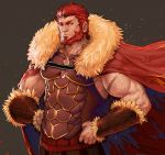  1boy abs armor bara beard body_hair breastplate cape chest facial_hair fate/zero fate_(series) fur_collar hand_on_hip highres looking_at_viewer male_focus manly muscle pectorals red_eyes redhead rider_(fate/zero) rumlockerart scar simple_background solo 