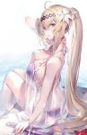  1girl bare_shoulders bikini blonde_hair blue_eyes breasts collarbone flower from_side front-tie_bikini front-tie_top granblue_fantasy hair_between_eyes hair_flower hair_ornament hair_ribbon hairband highres jeanne_d&#039;arc_(granblue_fantasy) large_breasts lily_(flower) long_hair looking_at_viewer oyu_(sijimisizimi) ponytail purple_bikini ribbon solo swimsuit sword water weapon 