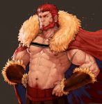  1boy abs bara beard body_hair cape chest facial_hair fate/zero fate_(series) fur_collar hand_on_hip highres looking_at_viewer male_focus male_pubic_hair manly muscle navel nipples pectorals pubic_hair red_eyes redhead rider_(fate/zero) rumlockerart scar simple_background solo topless 