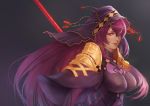  1girl birkai breasts fate/grand_order fate_(series) grey_background hair_between_eyes heart hood large_breasts long_hair long_sleeves looking_at_viewer parted_lips polearm purple_hair red_eyes scathach_(fate)_(all) scathach_(fate/grand_order) simple_background solo spear upper_body very_long_hair weapon 