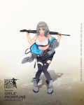  1girl :d bangs bare_shoulders bipod blush boots bra breasts character_name collarbone daewoo_k3 eyebrows_visible_through_hair eyes_visible_through_hair full_body girls_frontline grey_eyes grey_footwear grey_hair grey_jacket grey_pants gun headband highres holding holding_gun holding_weapon jacket jacket_pull k3_(girls_frontline) large_breasts long_hair looking_at_viewer navel official_art open_mouth pants scope sidelocks smile solo sweatdrop torn_clothes underwear upper_teeth weapon white_bra wristband 
