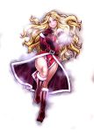  1girl alternate_costume bare_legs belt blonde_hair blue_eyes blush boots breasts chiba_toshirou christmas dress elbow_gloves full_body fur_trim gloves high_heel_boots high_heels highres knee_boots kolin large_breasts long_hair looking_at_viewer magic no_hat no_headwear outstretched_hand pelvic_curtain purple_gloves red_dress running santa_costume snow solo street_fighter street_fighter_v thick_thighs thighs 
