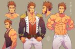  1boy abs bara beard blue_eyes brown_hair chest collage epaulettes face facial_hair fate/grand_order fate_(series) long_sleeves looking_at_viewer male_focus muscle napoleon_bonaparte_(fate/grand_order) nipples pants pectorals scar simple_background smile solo tank_top thighs topless uniform xelgot 