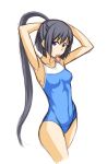  1girl amahane_tobari arms_up breasts collarbone commentary_request competition_swimsuit cropped_legs fushigi_na_tsuki_no_yoru_no_tobari hair_tie half_updo high_ponytail long_hair looking_at_viewer medium_breasts mouth_hold one-piece_swimsuit rikushiki sketch solo swimsuit very_long_hair violet_eyes white_background 