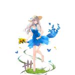  breasts bug butterfly dress fence flight_deck flower grass hat insect large_breasts legs lexington_(warship_girls_r) long_hair sandals shoes suisai sunflower toes warship_girls_r wooden_fence 