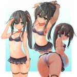  1girl adapted_costume alternate_hairstyle asashio_(kantai_collection) ass ball belt bikini bikini_skirt black_hair blue_eyes commentary_request cowboy_shot flat_chest from_behind gradient gradient_background grey_bikini hair_ribbon highres kantai_collection kuronaga long_hair looking_at_viewer looking_back mismatched_bikini multiple_views one-piece_tan ponytail red_ribbon ribbon salute swimsuit tan tanline 