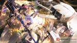  1girl azur_lane bangs bare_shoulders blue_hair commentary cross detached_collar dress english_commentary eyebrows_visible_through_hair fleur_de_lis gascogne_(azur_lane) gauntlets hair_between_eyes headgear highres holding holding_spear holding_weapon janyhero looking_at_viewer patreon_logo patreon_username polearm rigging short_hair sleeveless smile solo spear weapon white_dress yellow_eyes 