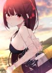  1girl bare_shoulders black_choker black_swimsuit blurry blurry_background blush breasts choker clouds cloudy_sky depth_of_field from_side frown girls_frontline hair_ornament ichiki_1 innertube large_breasts long_hair looking_at_viewer looking_to_the_side one-piece_swimsuit ponytail purple_hair red_eyes see-through sheer_clothes sidelocks sky solo sunset swimsuit upper_body wa2000_(girls_frontline) 