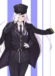  1girl absurdres adjusting_headwear azur_lane belt black_coat black_headwear black_legwear black_neckwear black_shirt buttons closed_mouth coat collared_shirt commentary_request cowboy_shot enterprise_(azur_lane) eyebrows_visible_through_hair eyes_visible_through_hair gloves hand_on_hip hat highres hof_re122000 long_hair long_sleeves military military_uniform necktie pants pocket shirt simple_background solo striped striped_background undershirt uniform very_long_hair violet_eyes white_gloves white_hair white_undershirt 
