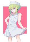  1boy blonde_hair blush chest crossdressinging dress garter_straps green_hair hat jewelry lio_fotia looking_at_viewer male_focus moegi0926 nurse nurse_cap otoko_no_ko promare short_sleeves simple_background solo violet_eyes white_legwear 