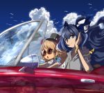  2girls bangle bangs bare_shoulders bird black_headwear blue_bow blue_eyes blue_hair blue_sky bow bracelet brown_eyes brown_hair car clouds collarbone commentary_request day debt drawstring dress drill_hair driving earrings eyebrows_visible_through_hair grey_hoodie ground_vehicle hair_between_eyes hair_bow hand_up hat hat_bow highres hood hoodie jewelry long_hair looking_at_viewer mini_hat mini_top_hat motor_vehicle multiple_girls necklace outdoors palm_tree reflection shope short_sleeves siblings sidelocks sisters sky sleeveless sleeveless_dress smile stuffed_animal stuffed_cat stuffed_toy sunglasses top_hat touhou tree twin_drills twintails upper_body very_long_hair white_bow white_dress yorigami_jo&#039;on yorigami_shion 