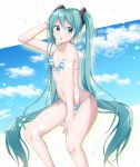  1girl :o absurdly_long_hair aqua_hair arm_up bikini blue_eyes blue_nails breasts clouds commentary_request eyebrows_visible_through_hair feet_out_of_frame groin hair_between_eyes hair_ornament hand_in_hair hatsune_miku highres lens_flare long_hair looking_to_the_side nail_polish navel open_mouth side-tie_bikini sitting small_breasts solo star striped striped_bikini supo01 swimsuit very_long_hair vocaloid 