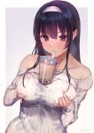  1girl bangs bare_shoulders blush breast_lift breasts bubble_tea bubble_tea_challenge commentary_request cup disposable_cup drinking drinking_straw eyebrows_visible_through_hair hair_between_eyes hairband highres kasumigaoka_utaha large_breasts long_hair looking_at_viewer off-shoulder_sweater off_shoulder outside_border purple_hair ribbed_sweater saenai_heroine_no_sodatekata shiromonefu signature solo sweatdrop sweater upper_body violet_eyes white_hairband white_sweater 