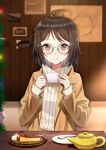  1girl ahoge blush brown_eyes brown_hair cake closed_mouth commentary_request eyebrows_visible_through_hair food glasses holding indoors long_sleeves looking_at_viewer minatoasu original plate short_hair sitting smile solo spoon sweater teapot turtleneck turtleneck_sweater 